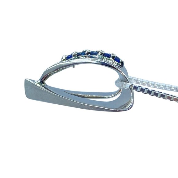 Sterling Silver Pave Sapphire Triangle Pendant Necklace Signed Gems Statement - Picture 9 of 13
